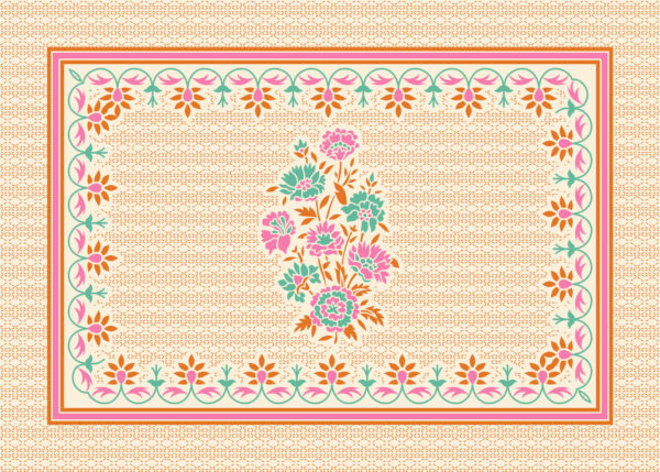 Beige block-print inspired textile with central floral bouquet and floral border.