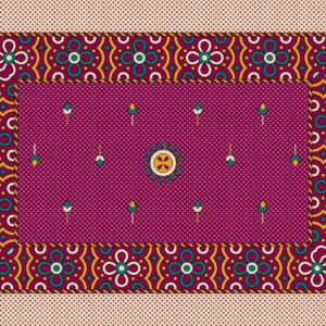 Magenta Bandhani-inspired print with dotted base, jewel-tone motifs, and ornate geometric floral border.