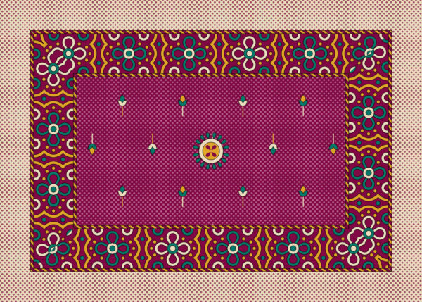 Magenta Bandhani-inspired print with dotted base, jewel-tone motifs, and ornate geometric floral border.