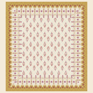 Beige and mustard print with maroon floral buta motifs, chevron zig-zag border, and pastel grid pattern.