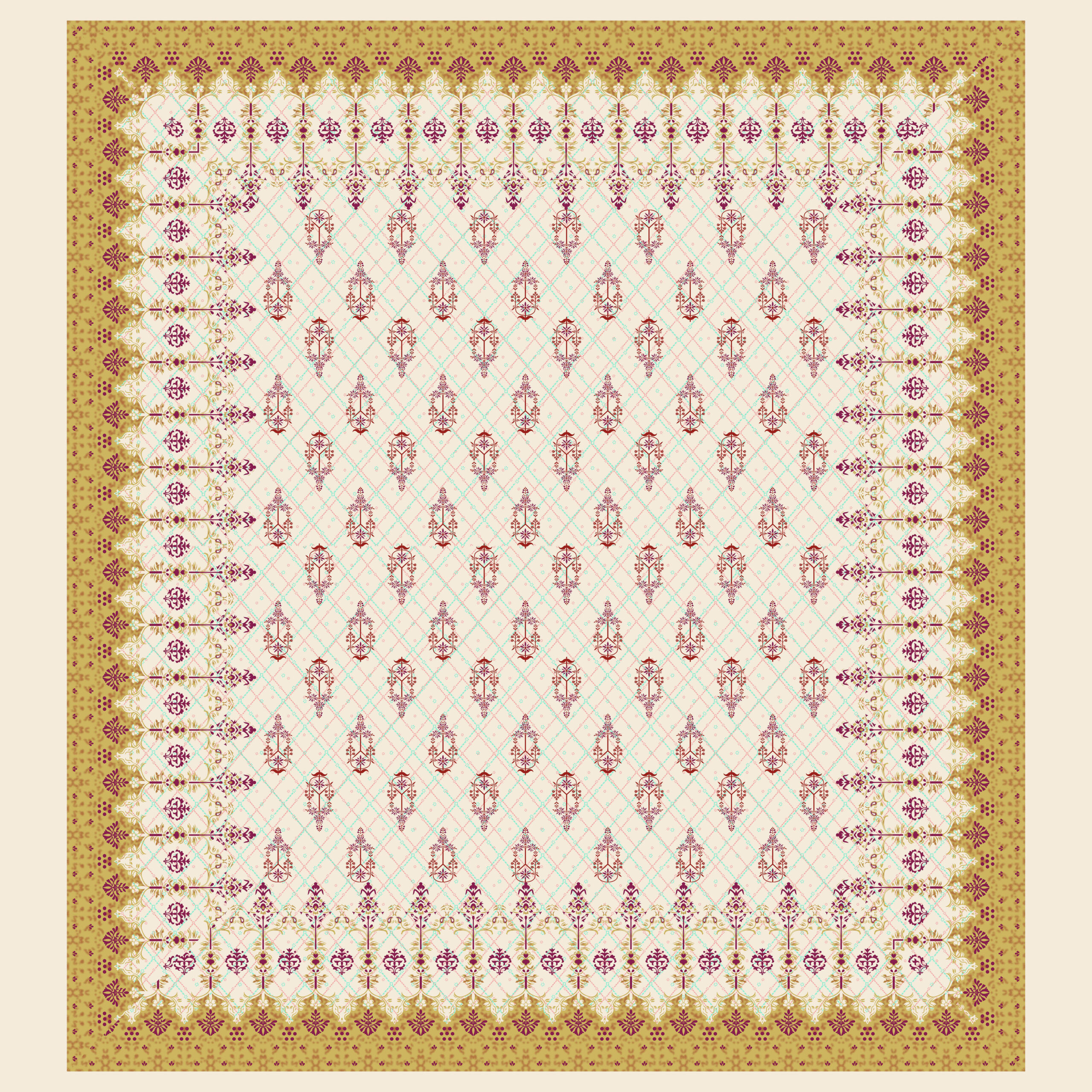 Beige and mustard print with maroon floral buta motifs, chevron zig-zag border, and pastel grid pattern.