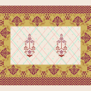 Beige and mustard print with maroon floral buta motifs, chevron zig-zag border, and pastel grid pattern.