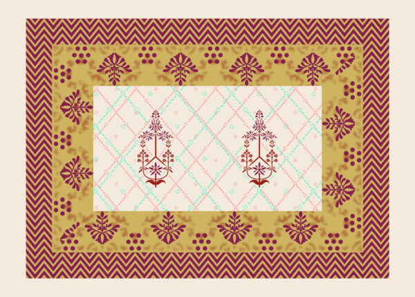 Beige and mustard print with maroon floral buta motifs, chevron zig-zag border, and pastel grid pattern.